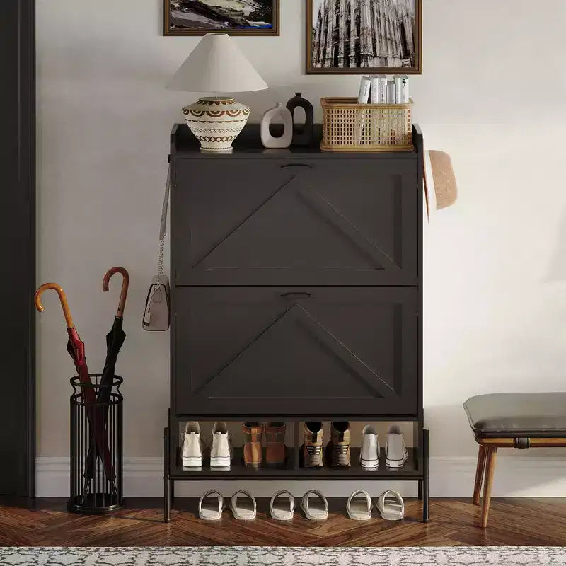 Meuble à chaussures avec 2 tiroirs basculants, meuble de rangement étroit en bois, meuble à chaussures autoportant dissimulé avec pieds en métal pour entrée de salon