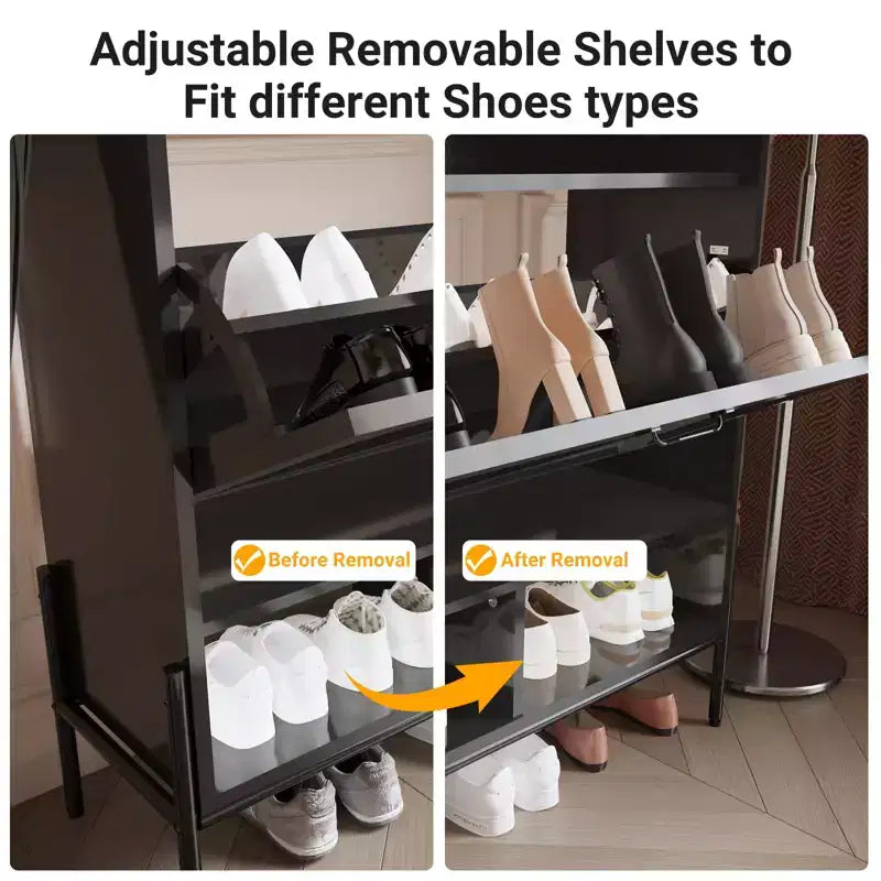 Meuble à chaussures avec 2 tiroirs basculants, meuble de rangement étroit en bois, meuble à chaussures autoportant dissimulé avec pieds en métal pour entrée de salon