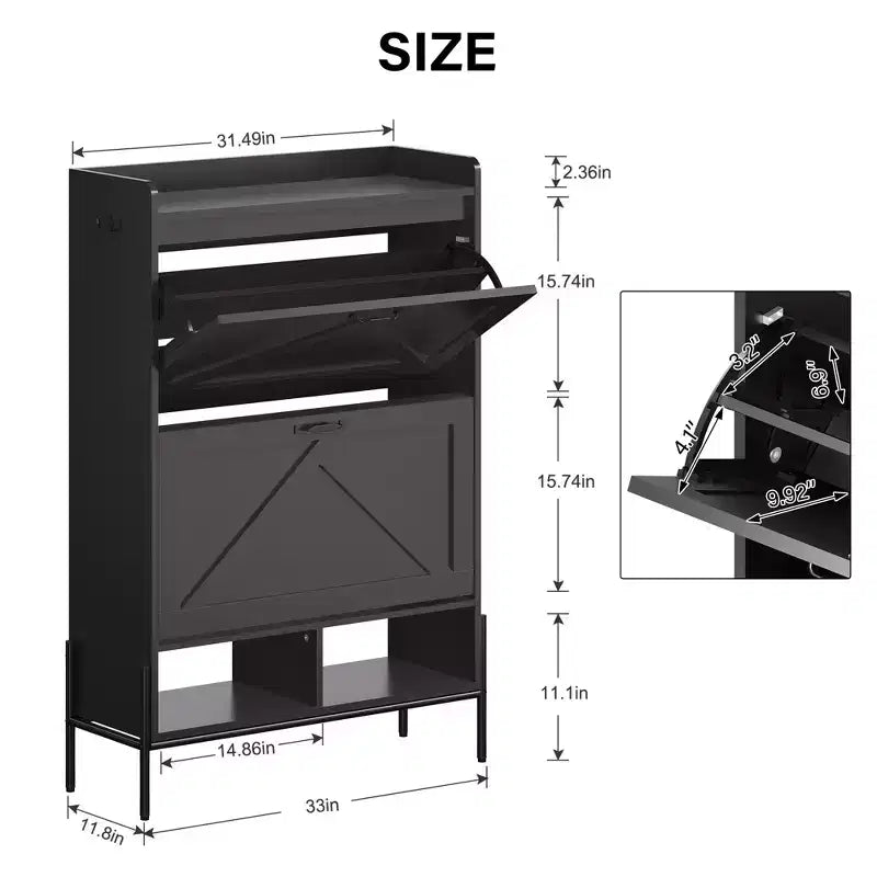 Meuble à chaussures avec 2 tiroirs basculants, meuble de rangement étroit en bois, meuble à chaussures autoportant dissimulé avec pieds en métal pour entrée de salon