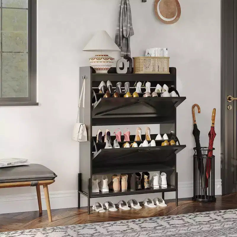 Meuble à chaussures avec 2 tiroirs basculants, meuble de rangement étroit en bois, meuble à chaussures autoportant dissimulé avec pieds en métal pour entrée de salon