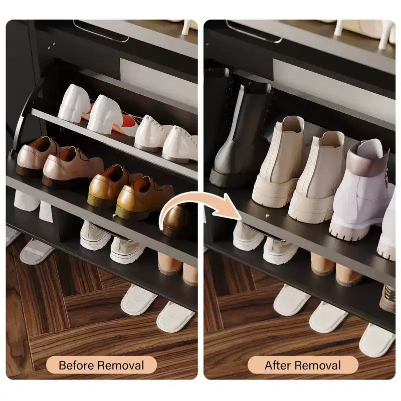 Meuble à chaussures avec 2 tiroirs basculants, meuble de rangement étroit en bois, meuble à chaussures autoportant dissimulé avec pieds en métal pour entrée de salon