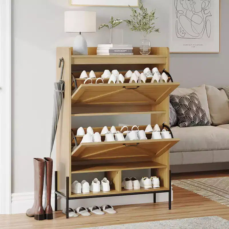 Meuble à chaussures avec 2 tiroirs basculants, meuble de rangement étroit en bois, meuble à chaussures autoportant dissimulé avec pieds en métal pour entrée de salon