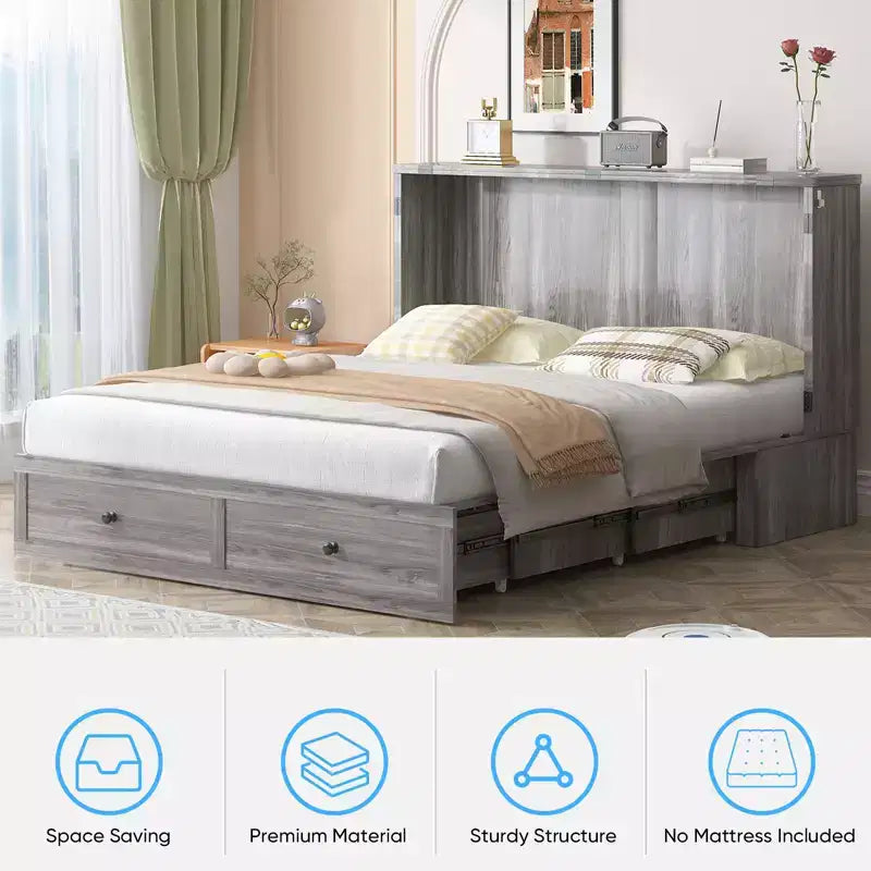 Lit coffre double/grand lit moderne avec rangement, SANS MATELAS, GRIS