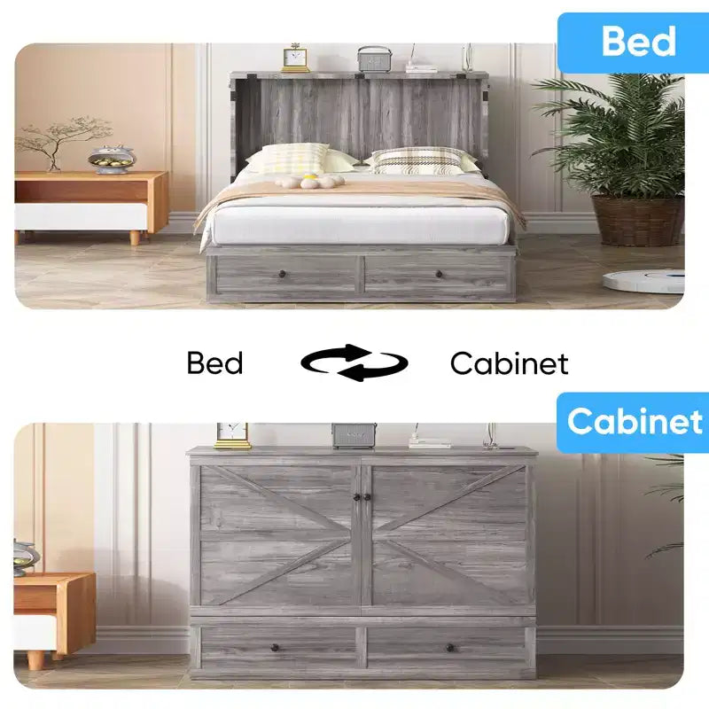 Lit coffre double/grand lit moderne avec rangement, SANS MATELAS, GRIS