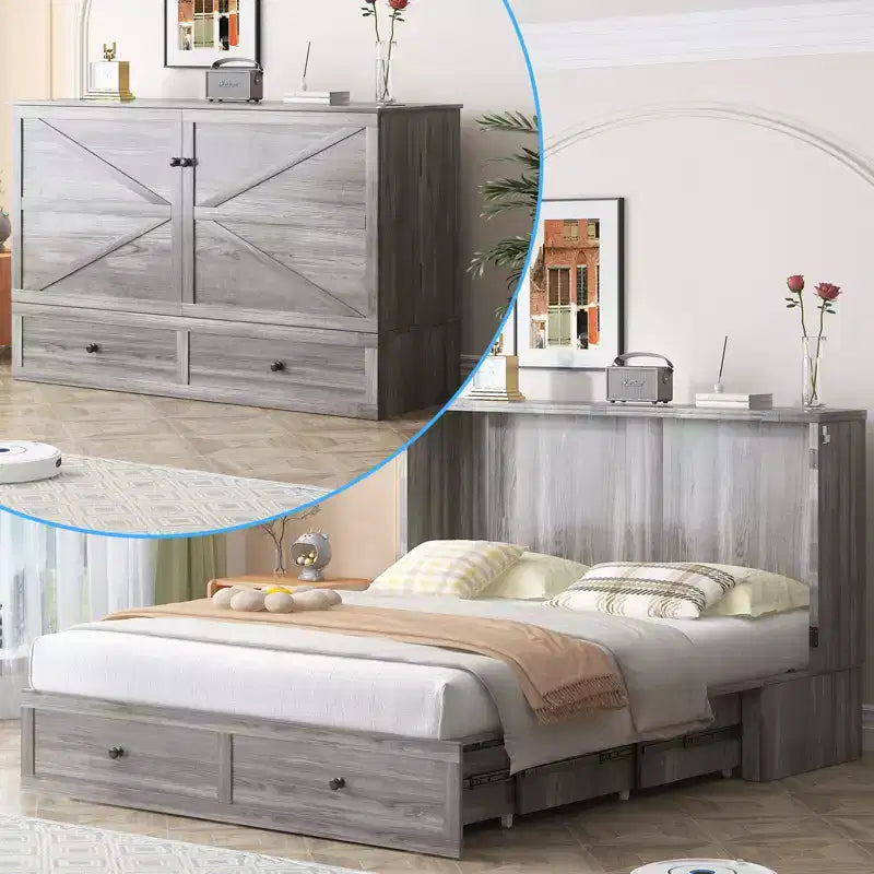 Lit coffre double/grand lit moderne avec rangement, SANS MATELAS, GRIS