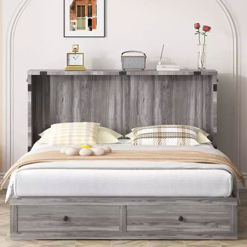 Lit coffre double/grand lit moderne avec rangement, SANS MATELAS, GRIS