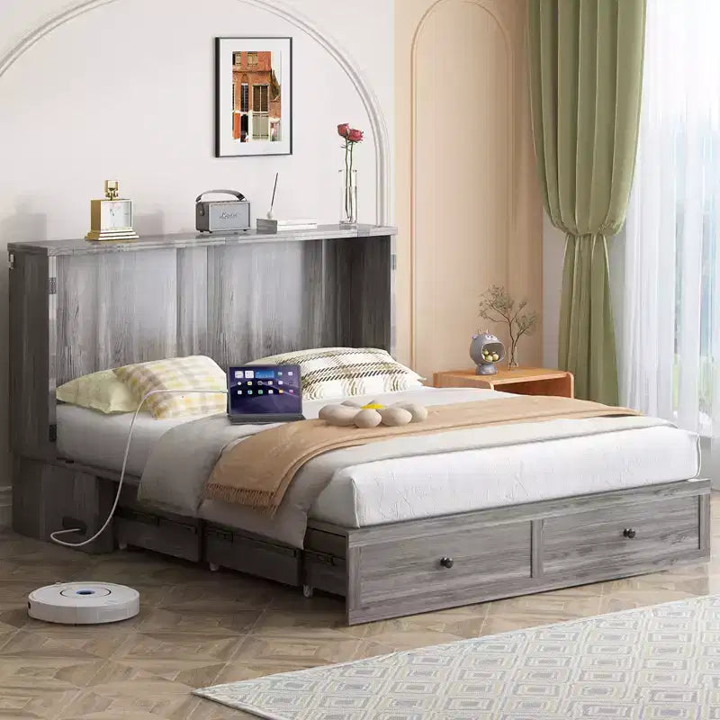 Lit coffre double/grand lit moderne avec rangement, SANS MATELAS, GRIS