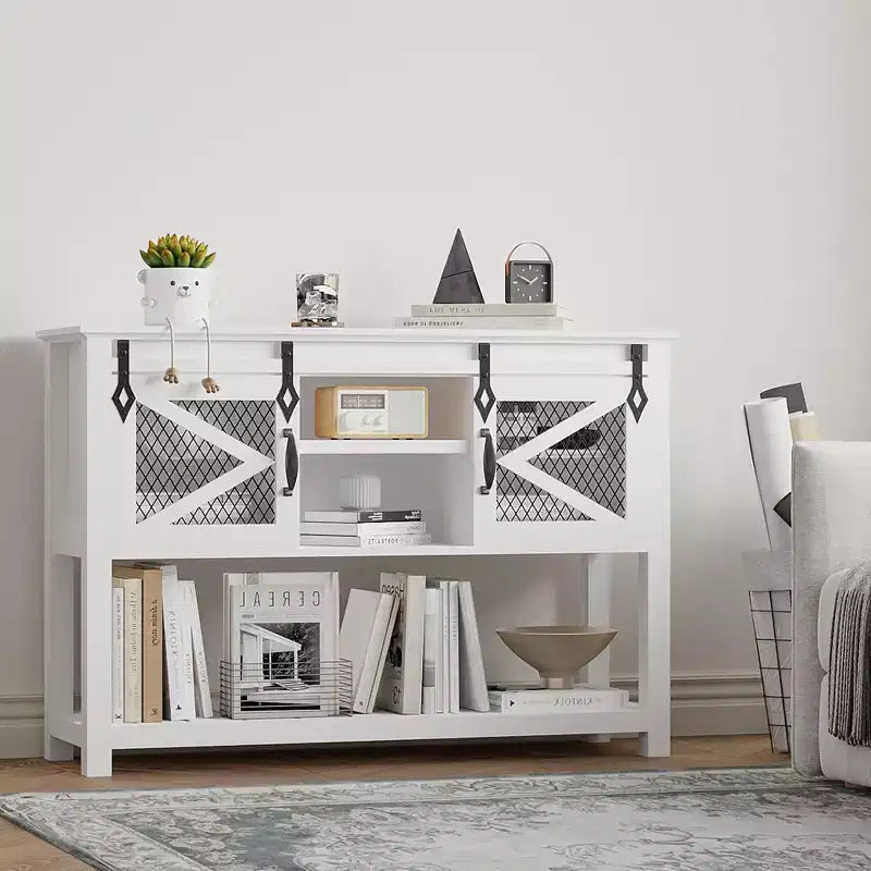 Table console de ferme 46 po avec portes coulissantes de grange, table de canapé blanche (pour salon/entrée/vestibule)