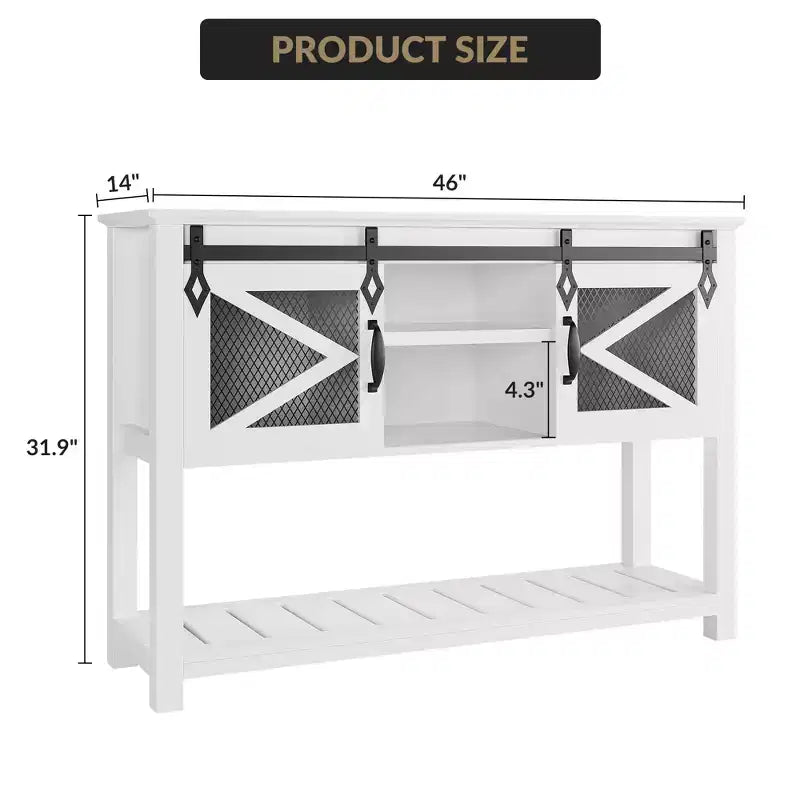 Table console de ferme 46 po avec portes coulissantes de grange, table de canapé blanche (pour salon/entrée/vestibule)