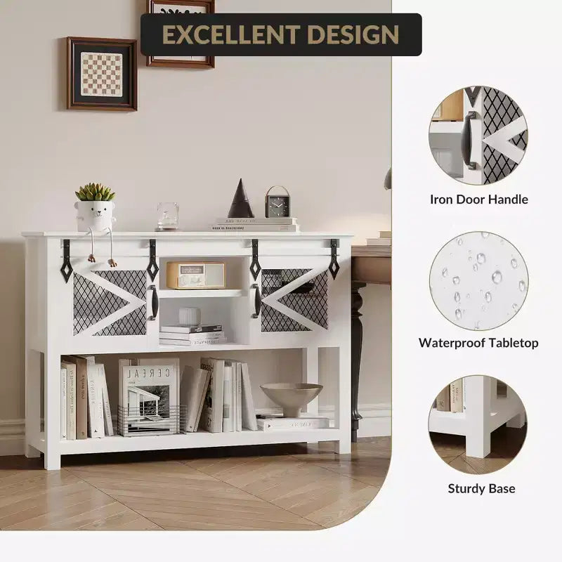 Table console de ferme 46 po avec portes coulissantes de grange, table de canapé blanche (pour salon/entrée/vestibule)