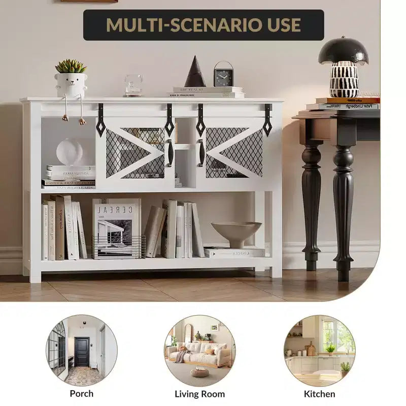 Table console de ferme 46 po avec portes coulissantes de grange, table de canapé blanche (pour salon/entrée/vestibule)