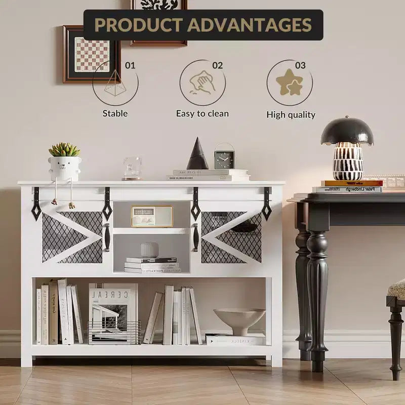 Table console de ferme 46 po avec portes coulissantes de grange, table de canapé blanche (pour salon/entrée/vestibule)