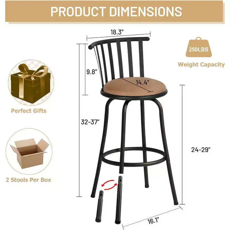 Tabourets de bar pivotants réglables hauteur comptoir, dossier bas avec repose-pieds confortable, sans accoudoirs avec pieds interchangeables, 24/29 pouces