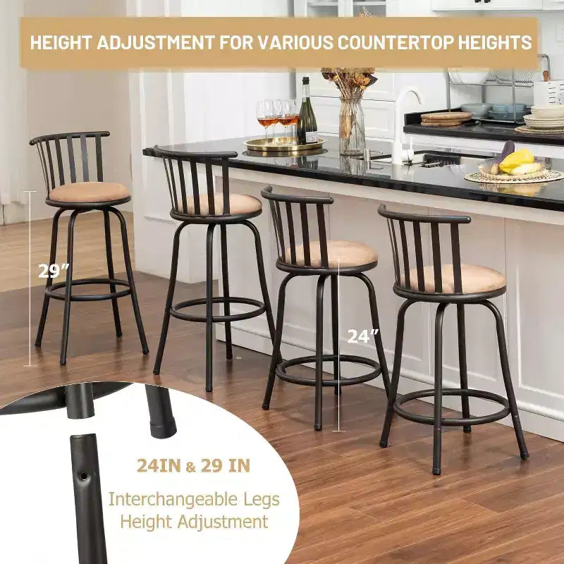 Tabourets de bar pivotants réglables hauteur comptoir, dossier bas avec repose-pieds confortable, sans accoudoirs avec pieds interchangeables, 24/29 pouces