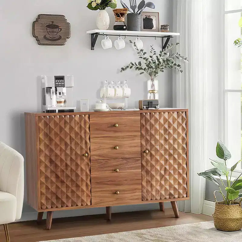 GustoWave 47 in Wood Farmhouse Buffet Cabinets with 2 Doors and 4 Drawers, Large Sideboard Buffet Cabinet with Diamond Engraving