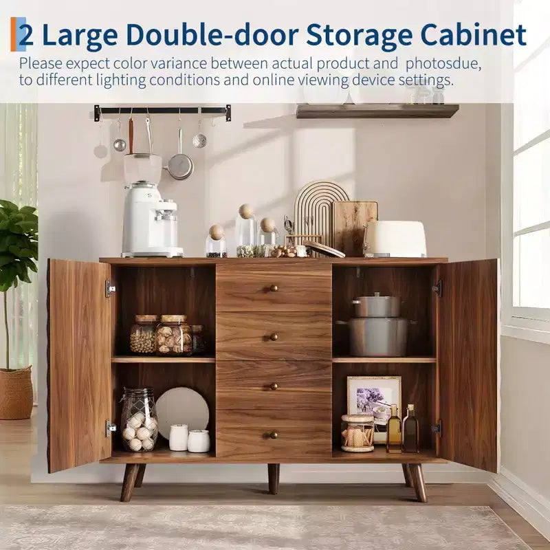 Buffet de ferme en bois avec 2 portes et 4 tiroirs, grand buffet avec gravure diamant