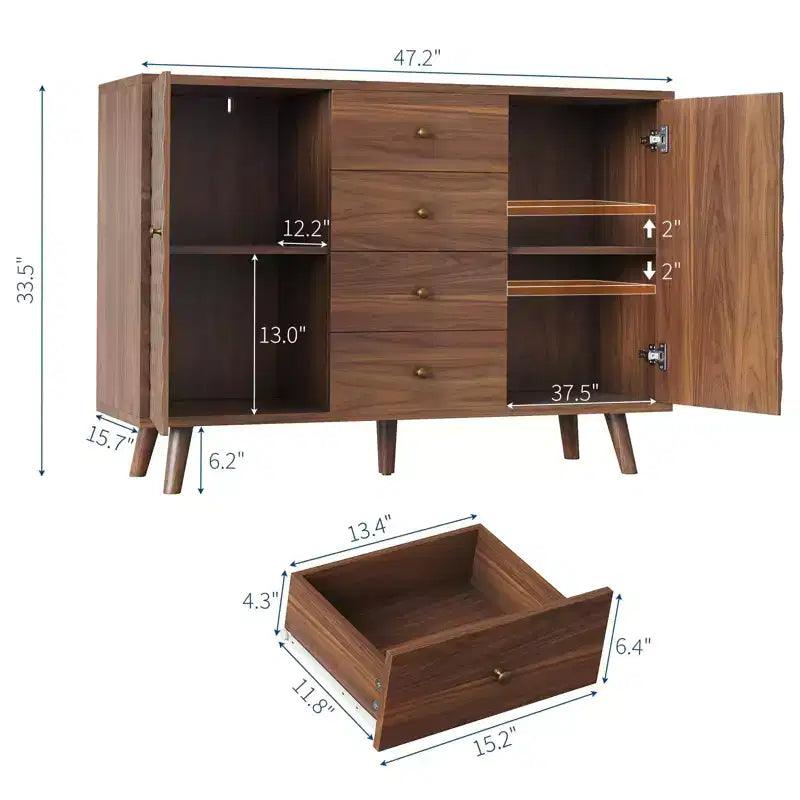 Buffet de ferme en bois avec 2 portes et 4 tiroirs, grand buffet avec gravure diamant