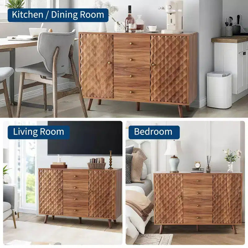 Buffet de ferme en bois avec 2 portes et 4 tiroirs, grand buffet avec gravure diamant
