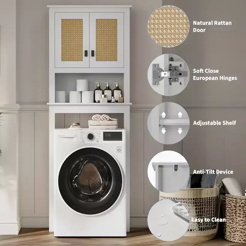 Meuble de rangement pour salle de bain de ferme avec portes en rotin, meuble de rangement en bois sur pied au-dessus des toilettes avec étagère réglable