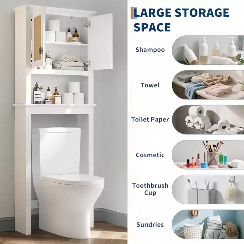 Meuble de rangement pour salle de bain de ferme avec portes en rotin, meuble de rangement en bois sur pied au-dessus des toilettes avec étagère réglable