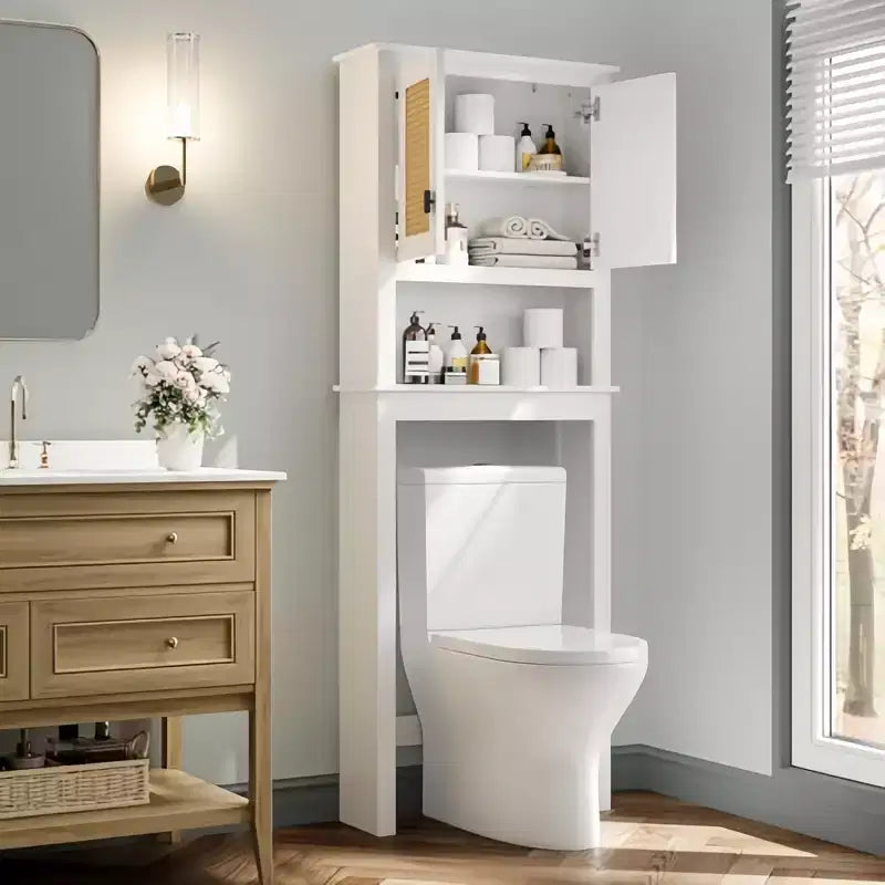 Meuble de rangement pour salle de bain de ferme avec portes en rotin, meuble de rangement en bois sur pied au-dessus des toilettes avec étagère réglable