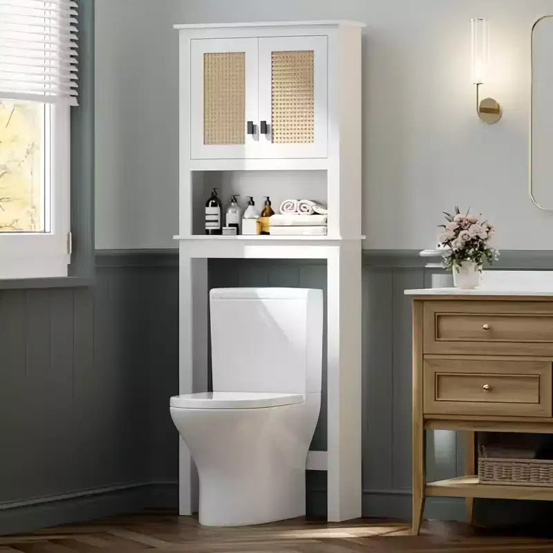 Meuble de rangement pour salle de bain de ferme avec portes en rotin, meuble de rangement en bois sur pied au-dessus des toilettes avec étagère réglable