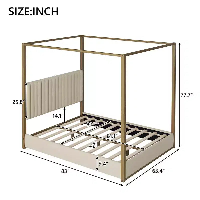 Lit Plateforme Baldaquin Queen Size avec Tête de Lit Rembourrée en Velours Cannage, Cadre de Lit à Baldaquin à 4 Poteaux en Métal Doré pour Enfants, Adolescents et Adultes, Beige