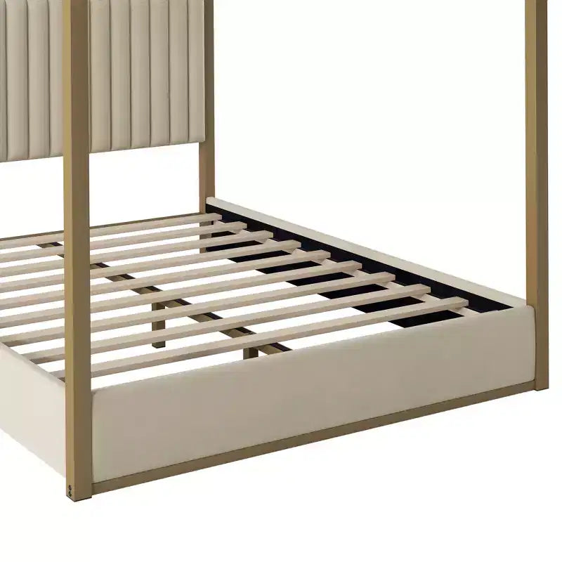 Lit Plateforme Baldaquin Queen Size avec Tête de Lit Rembourrée en Velours Cannage, Cadre de Lit à Baldaquin à 4 Poteaux en Métal Doré pour Enfants, Adolescents et Adultes, Beige