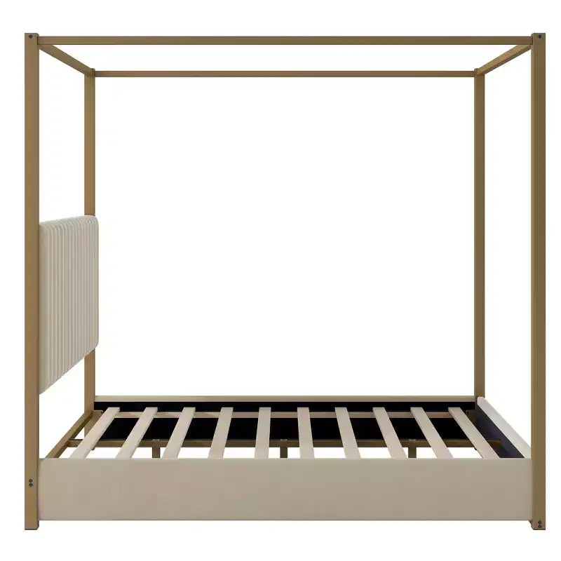 Lit Plateforme Baldaquin Queen Size avec Tête de Lit Rembourrée en Velours Cannage, Cadre de Lit à Baldaquin à 4 Poteaux en Métal Doré pour Enfants, Adolescents et Adultes, Beige