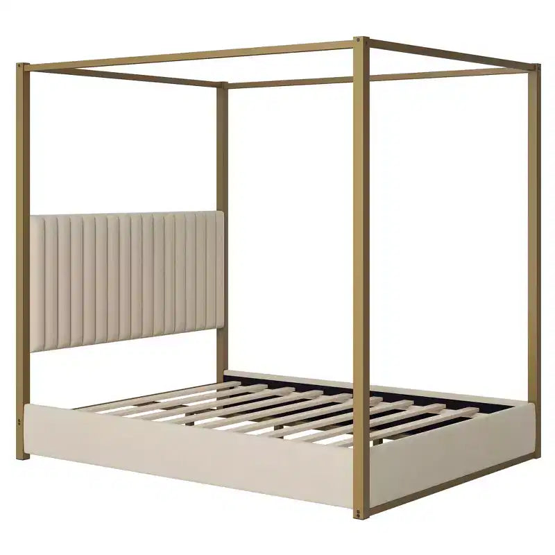 Lit Plateforme Baldaquin Queen Size avec Tête de Lit Rembourrée en Velours Cannage, Cadre de Lit à Baldaquin à 4 Poteaux en Métal Doré pour Enfants, Adolescents et Adultes, Beige