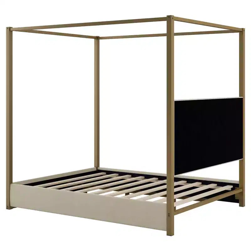 Lit Plateforme Baldaquin Queen Size avec Tête de Lit Rembourrée en Velours Cannage, Cadre de Lit à Baldaquin à 4 Poteaux en Métal Doré pour Enfants, Adolescents et Adultes, Beige