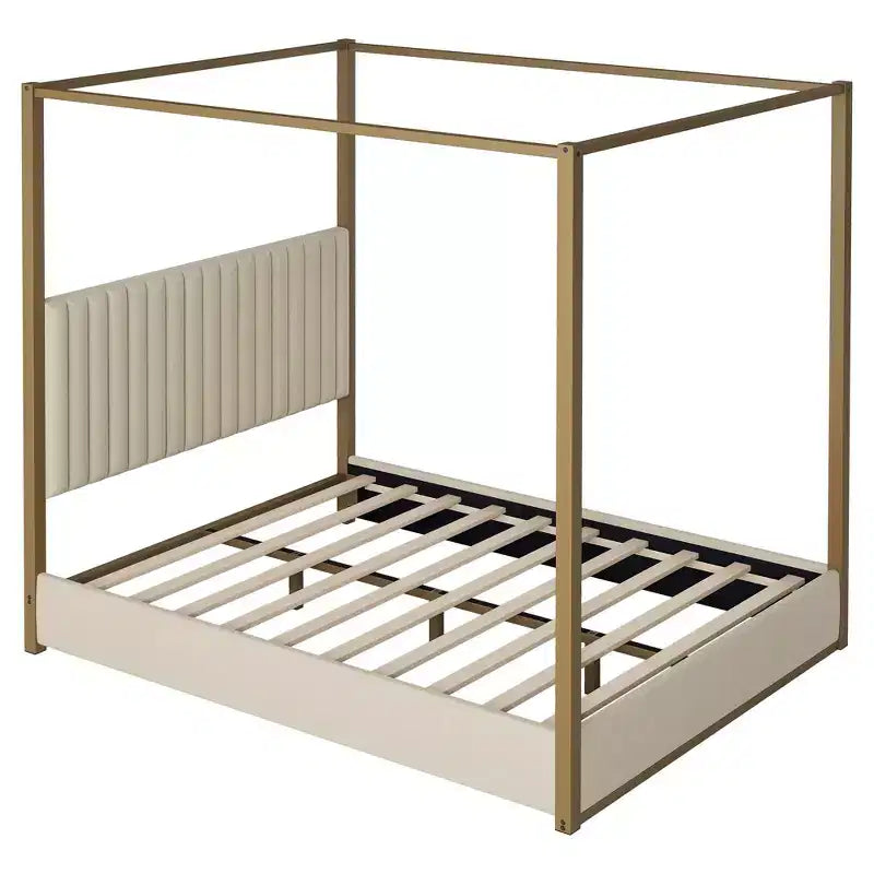 Lit Plateforme Baldaquin Queen Size avec Tête de Lit Rembourrée en Velours Cannage, Cadre de Lit à Baldaquin à 4 Poteaux en Métal Doré pour Enfants, Adolescents et Adultes, Beige