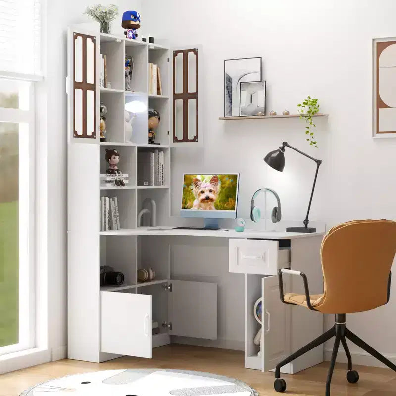 Bureau d'ordinateur d'angle en L 2-en-1 pour bureau ou étude à domicile, table d'étude avec tiroirs, étagère et huche, grand espace de travail