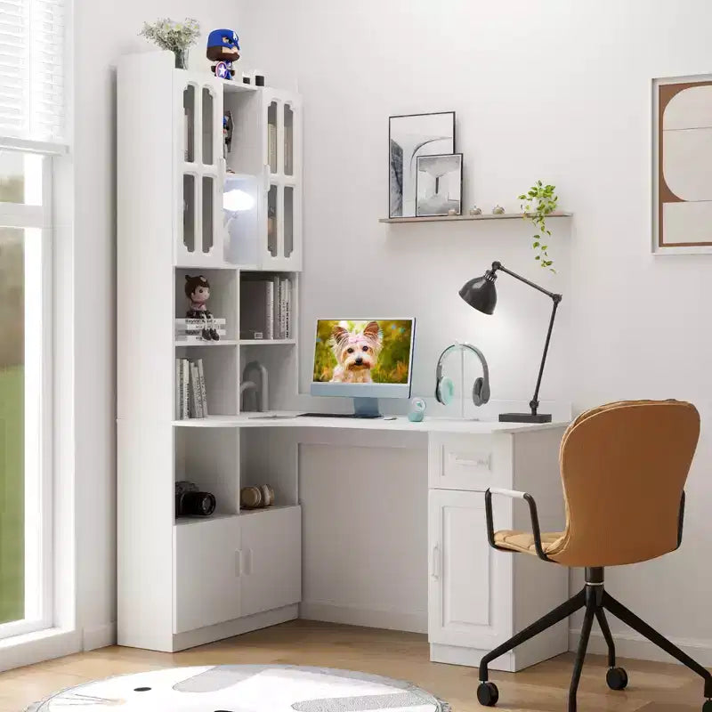 Bureau d'ordinateur d'angle en L 2-en-1 pour bureau ou étude à domicile, table d'étude avec tiroirs, étagère et huche, grand espace de travail