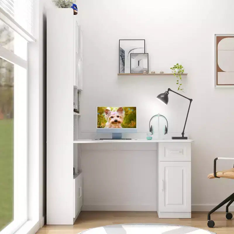 Bureau d'ordinateur d'angle en L 2-en-1 pour bureau ou étude à domicile, table d'étude avec tiroirs, étagère et huche, grand espace de travail