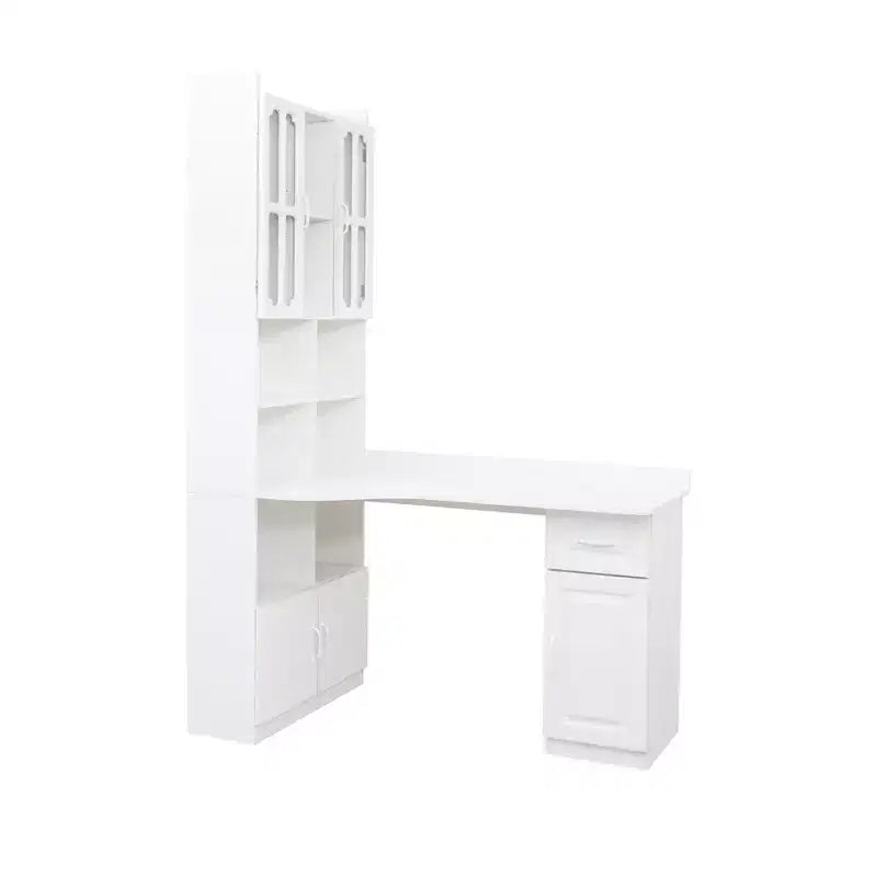 Bureau d'ordinateur d'angle en L 2-en-1 pour bureau ou étude à domicile, table d'étude avec tiroirs, étagère et huche, grand espace de travail