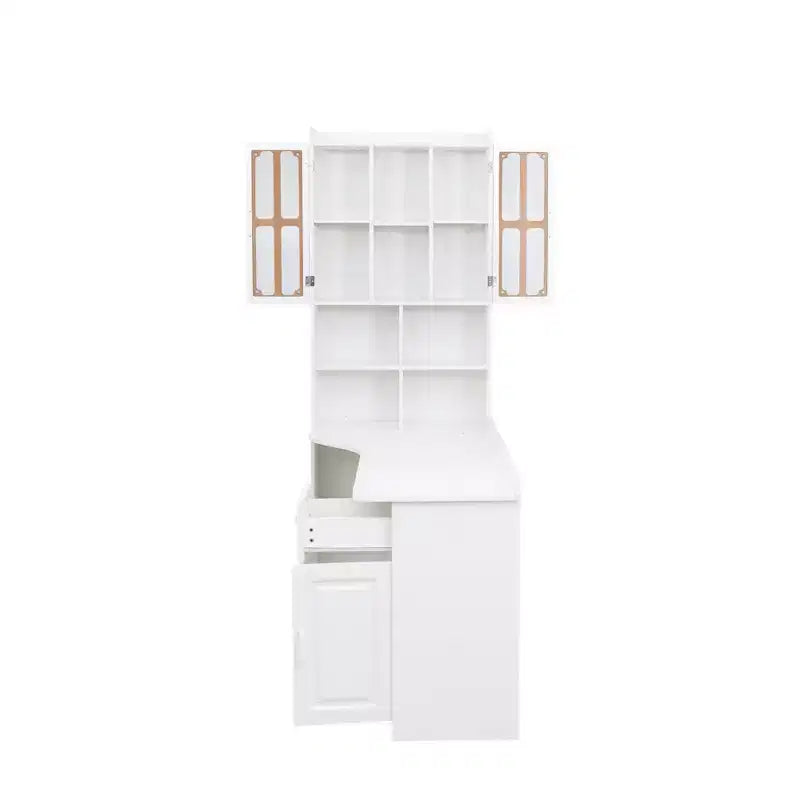 Bureau d'ordinateur d'angle en L 2-en-1 pour bureau ou étude à domicile, table d'étude avec tiroirs, étagère et huche, grand espace de travail