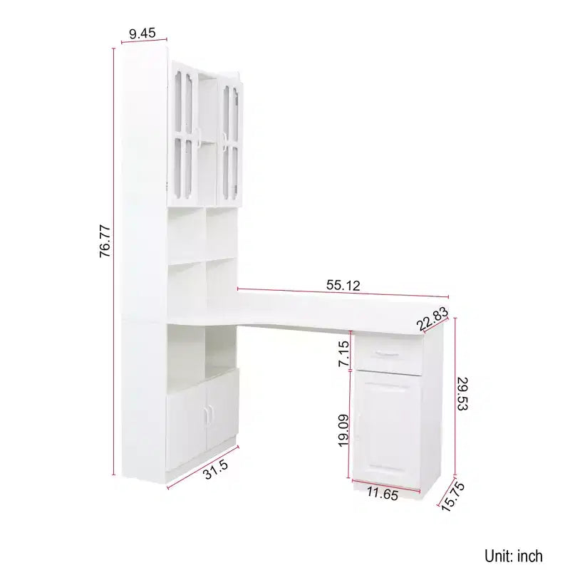 Bureau d'ordinateur d'angle en L 2-en-1 pour bureau ou étude à domicile, table d'étude avec tiroirs, étagère et huche, grand espace de travail