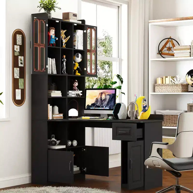 Bureau d'ordinateur d'angle en L 2-en-1 pour bureau ou étude à domicile, table d'étude avec tiroirs, étagère et huche, grand espace de travail