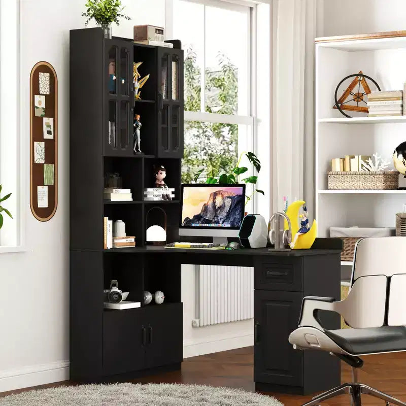 Bureau d'ordinateur d'angle en L 2-en-1 pour bureau ou étude à domicile, table d'étude avec tiroirs, étagère et huche, grand espace de travail