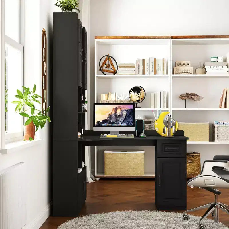 Bureau d'ordinateur d'angle en L 2-en-1 pour bureau ou étude à domicile, table d'étude avec tiroirs, étagère et huche, grand espace de travail