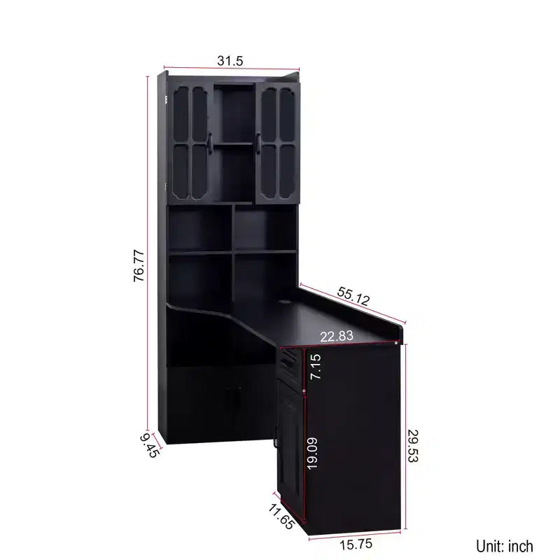 Bureau d'ordinateur d'angle en L 2-en-1 pour bureau ou étude à domicile, table d'étude avec tiroirs, étagère et huche, grand espace de travail