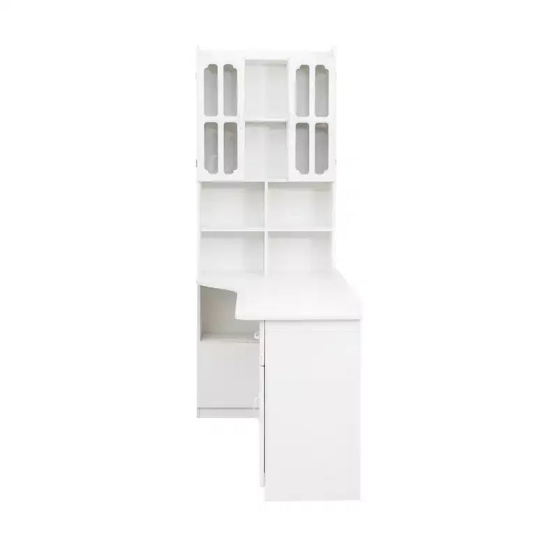 Bureau d'ordinateur d'angle en L 2-en-1 pour bureau ou étude à domicile, table d'étude avec tiroirs, étagère et huche, grand espace de travail