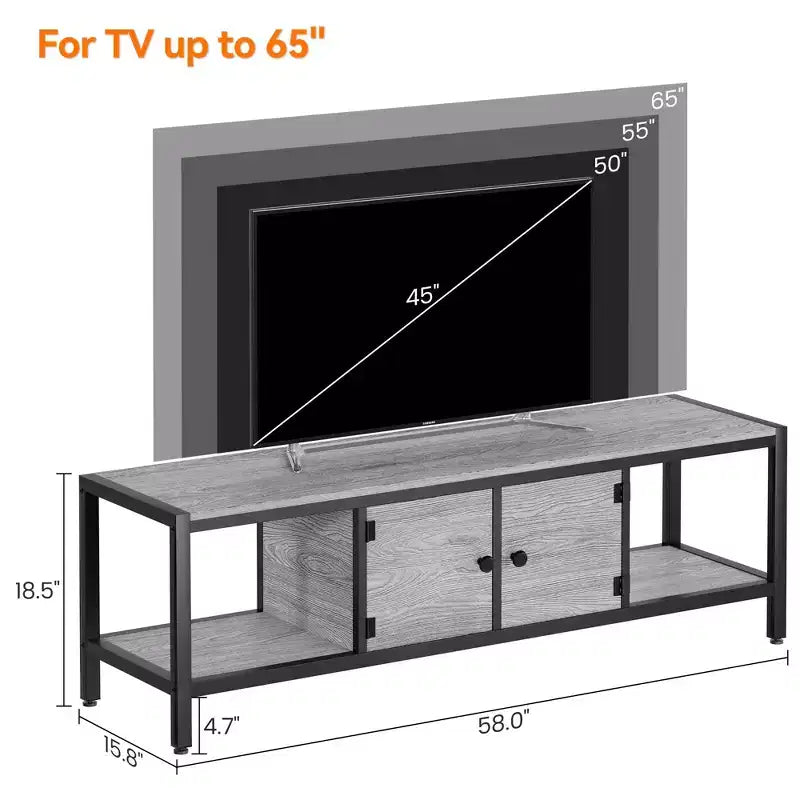 Meuble TV pour téléviseur jusqu'à 65 pouces, grande console TV avec 2 espaces de rangement fermés et compartiments ouverts, meuble de divertissement en bois avec pieds