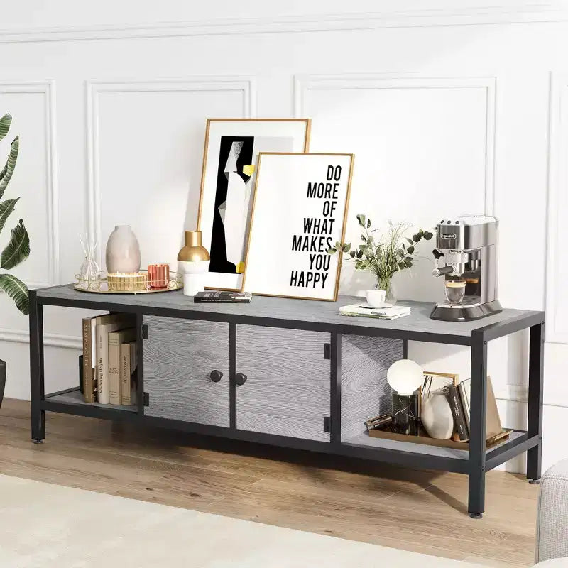 Meuble TV pour téléviseur jusqu'à 65 pouces, grande console TV avec 2 espaces de rangement fermés et compartiments ouverts, meuble de divertissement en bois avec pieds