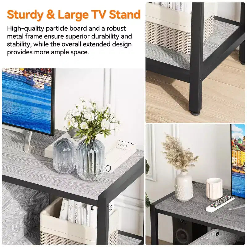 Meuble TV pour téléviseur jusqu'à 65 pouces, grande console TV avec 2 espaces de rangement fermés et compartiments ouverts, meuble de divertissement en bois avec pieds