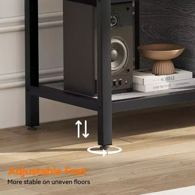 Meuble TV pour téléviseur jusqu'à 65 pouces, grande console TV avec 2 espaces de rangement fermés et compartiments ouverts, meuble de divertissement en bois avec pieds