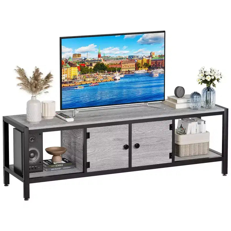 Meuble TV pour téléviseur jusqu'à 65 pouces, grande console TV avec 2 espaces de rangement fermés et compartiments ouverts, meuble de divertissement en bois avec pieds