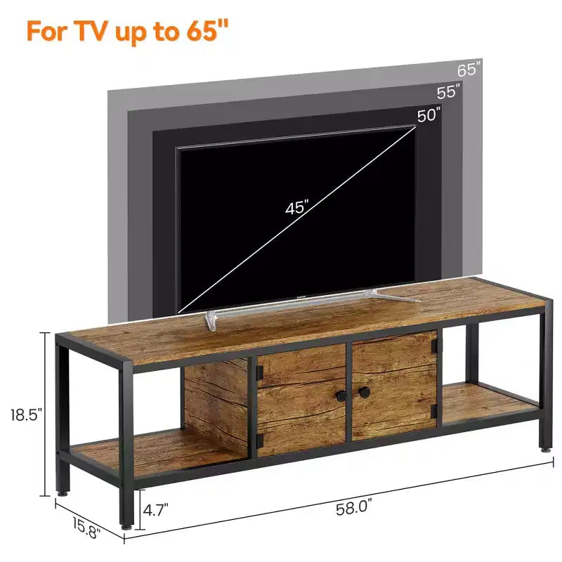 Meuble TV pour téléviseur jusqu'à 65 pouces, grande console TV avec 2 espaces de rangement fermés et compartiments ouverts, meuble de divertissement en bois avec pieds