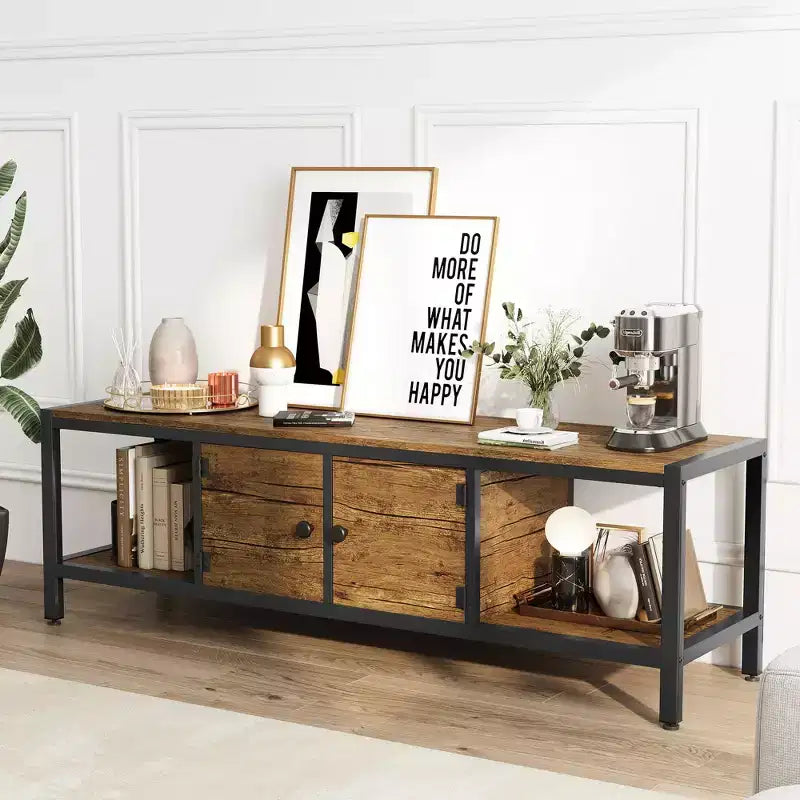 Meuble TV pour téléviseur jusqu'à 65 pouces, grande console TV avec 2 espaces de rangement fermés et compartiments ouverts, meuble de divertissement en bois avec pieds